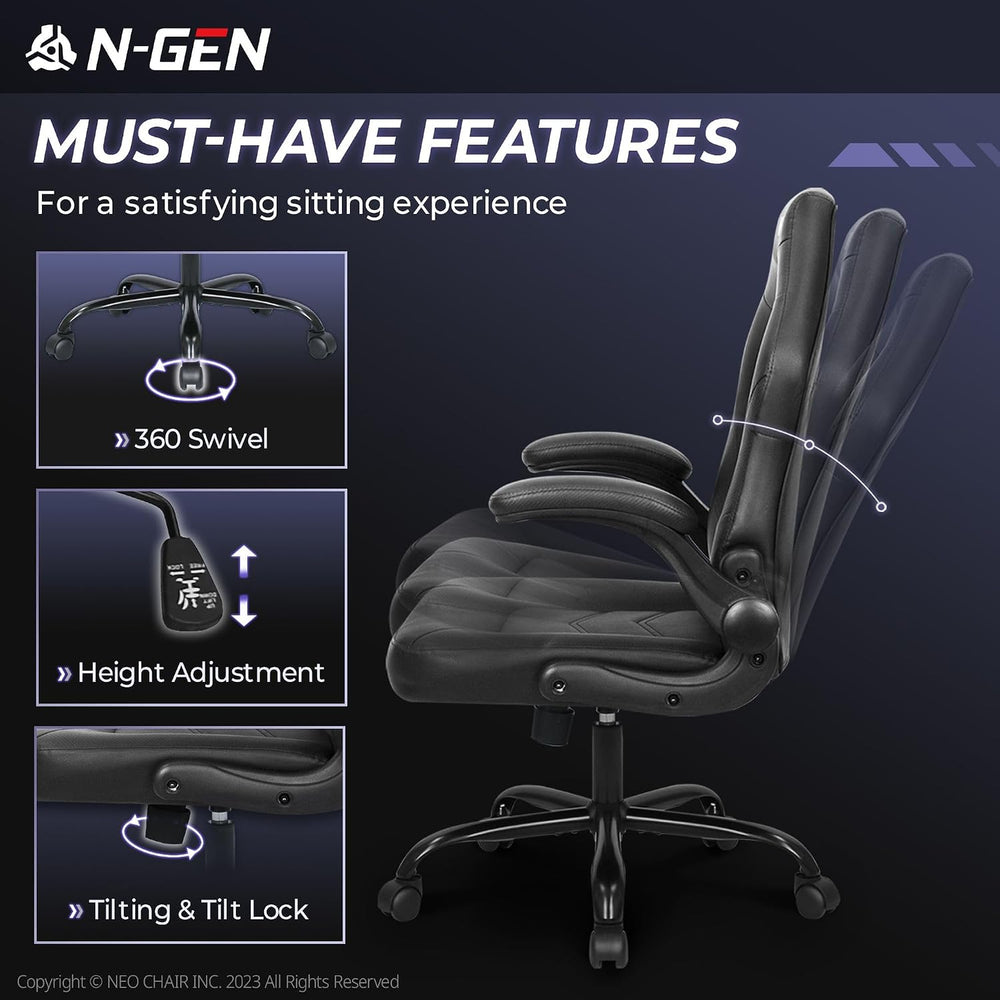 N-GEN Gaming Gaming Chair, Lumbar, PU Leather, Flip-Up Arms, Jet Black | Ergo...