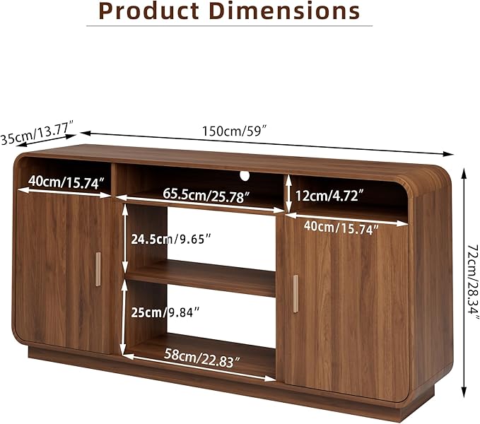 Mid Century Modern TV Stand for 65 Inch TVs, Entertainment Center with Storage Cabinets and Adjustable Shelves, Rustic Media TV Console Table for Living Room, Bedroom (Walnut)