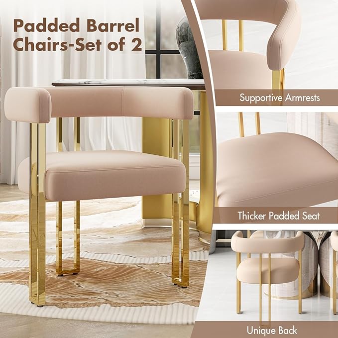 Velvet Dining Chairs Set of 2, Khaki Upholstered Barrel Armchairs with Gold Metal Legs for Kitchen Island, Mid Century Modern Accent Side Chairs for Dining Room and Living Room, Open-Back