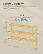 SONGMICS Bamboo Shoe Rack for Closet, Stackable Shoe Oragnizer with Modular Structure, Space-Saving Free Standing Shelf for Entryway Bedroom, 3-Tier, Holds 12-16 Pairs, Natural Color ULBS053YL01