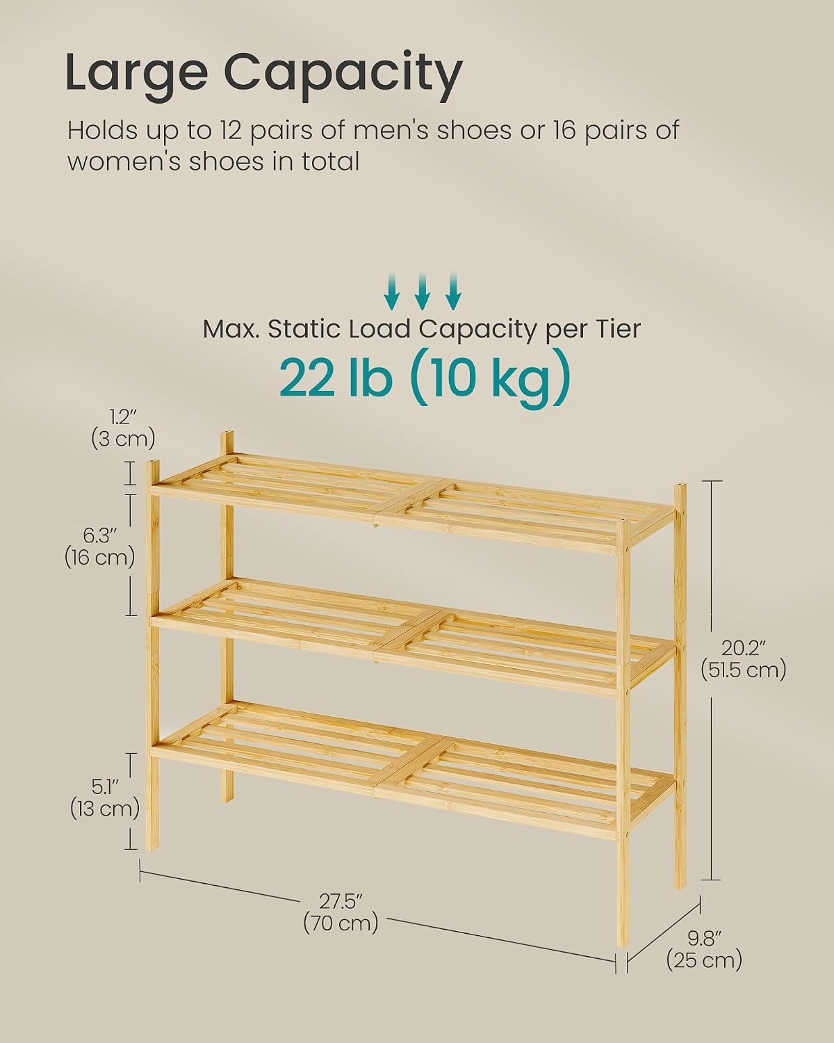 SONGMICS Bamboo Shoe Rack for Closet, Stackable Shoe Oragnizer with Modular Structure, Space-Saving Free Standing Shelf for Entryway Bedroom, 3-Tier, Holds 12-16 Pairs, Natural Color ULBS053YL01