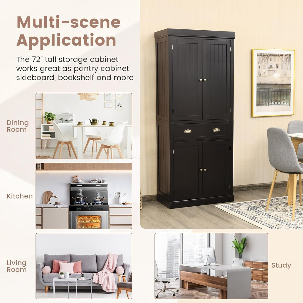 DORTALA 72” Tall Kitchen Pantry Cabinet, Wood Storage Cupboard w/ 4 Adjustabl...