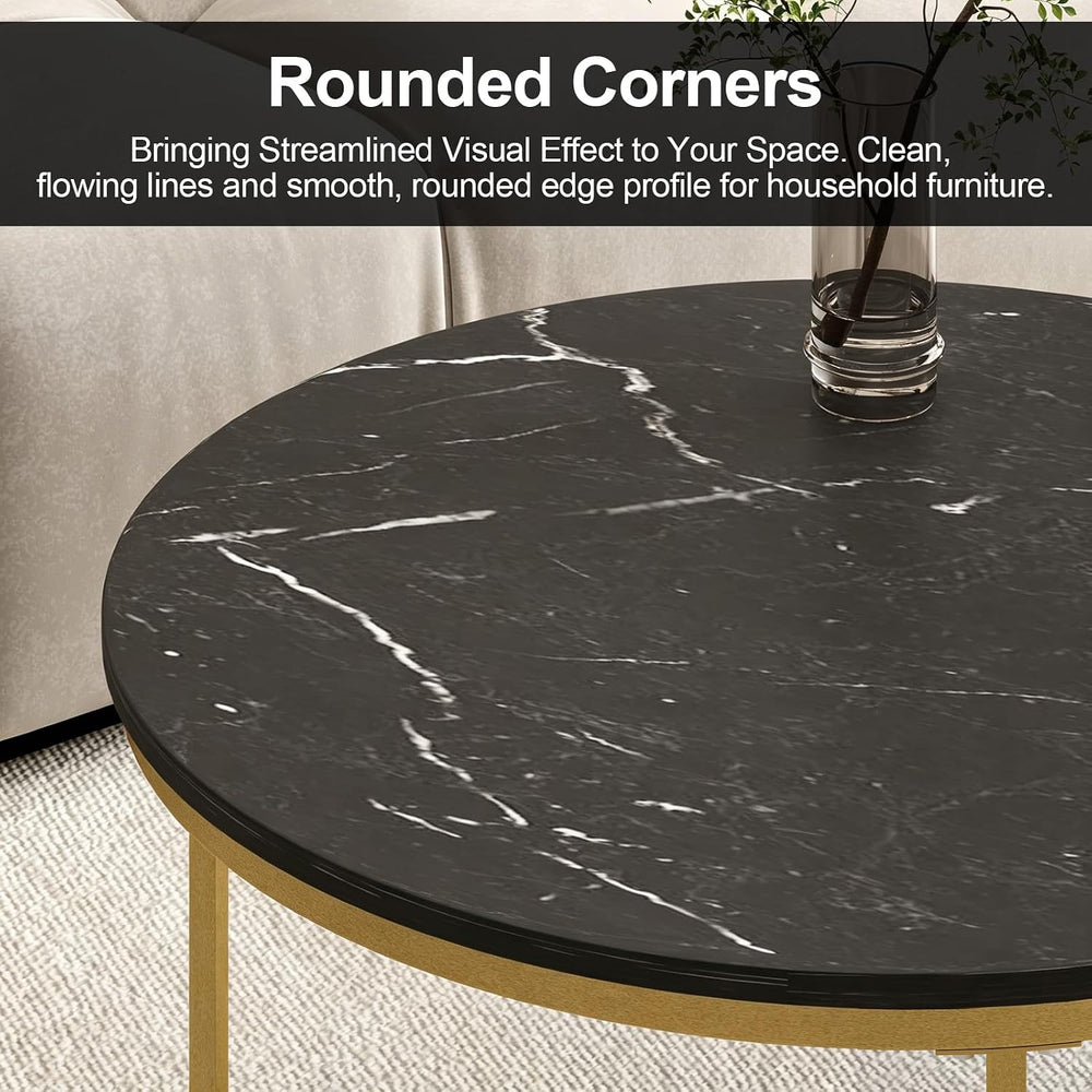 Nesting Coffee Table Set of 2, Wooden Marble Top (Black+Gold) | Nesting Table...