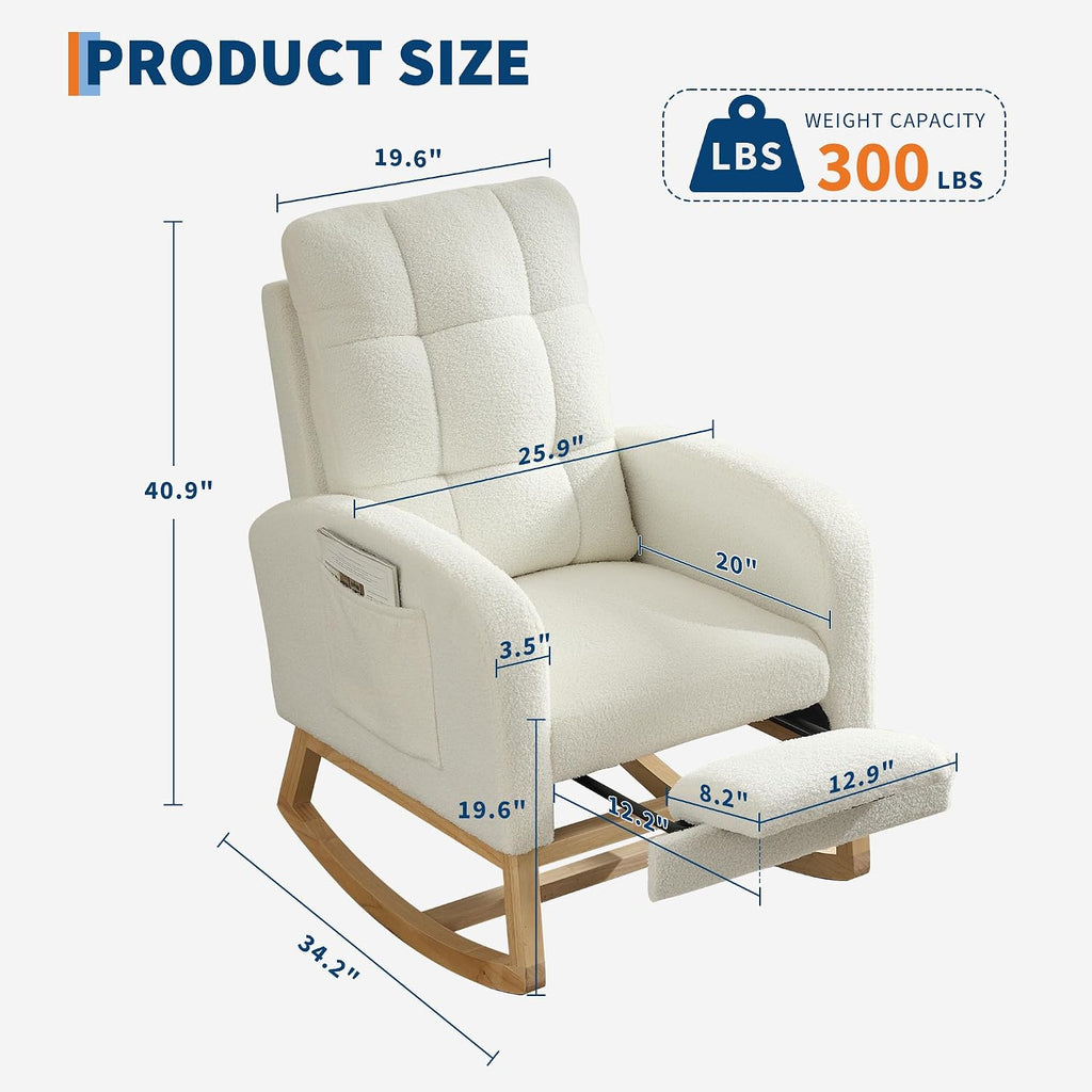 Modern Nursery Rocking Chair, Comfortable Rocker Recliner with Side Pocket, Footrest, Mid Century Upholstered Rocker Glider for Living Room, Bedroom, Nursing Room, High Back & Wood Legs, Teddy Beige