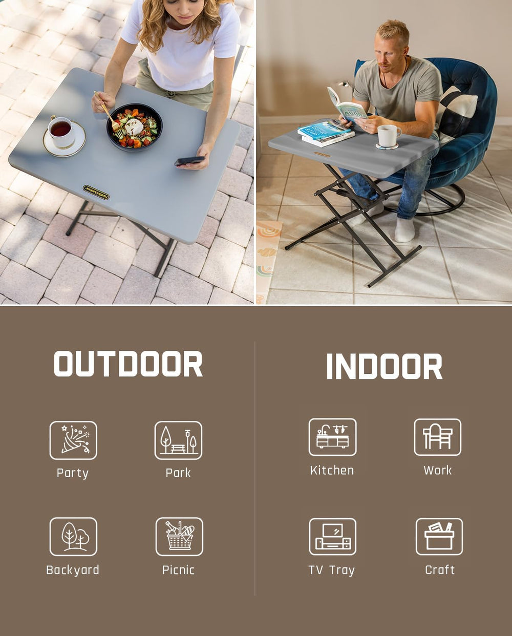 FanttikOutdoor Small Folding Table Quick Adjust 3 Heights, TV Tray, Dining | ...