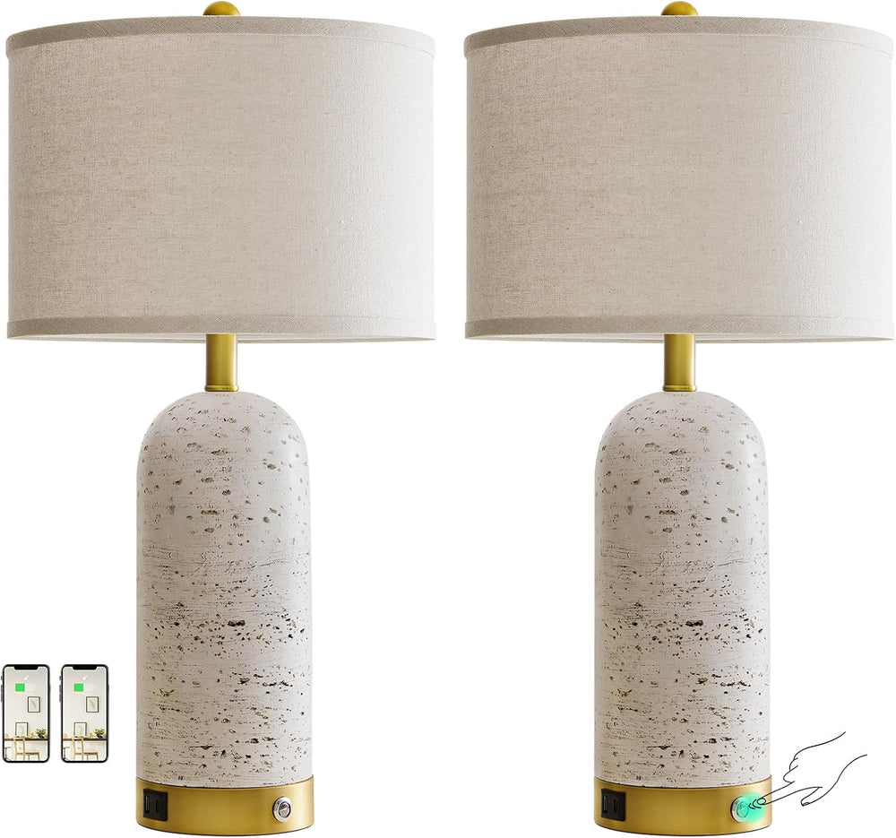 RORIA 25" Set of 2 Touch Rustic Table Lamps for Living Room and USB A+C