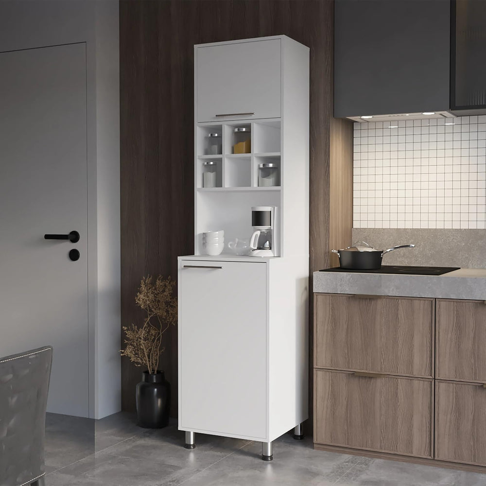 White Kitchen Pantry with Pneumatic Doors and Open Storage