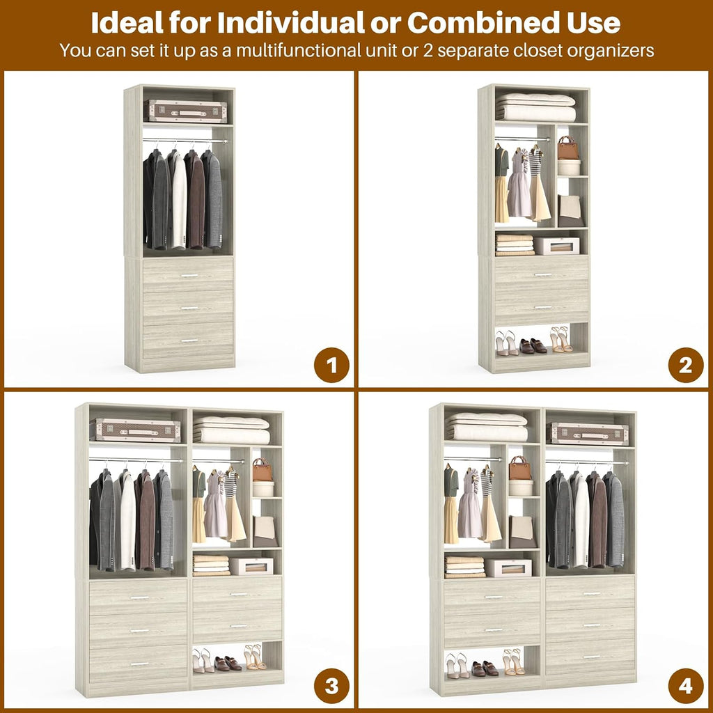 Besiost 4FT Closet Systems with 5 Drawers, 48" Closet Organizer System | Wood Closet Organizer with 2 Hanging Rods & 7 Shelves, Heavy Duty 48" Walk-in Closet, White Oak (48"L x 15" W x 80" H)