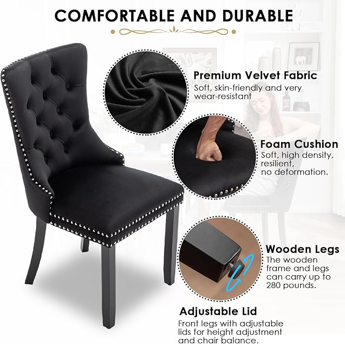 Kiztir Velvet Dining Chairs Set of 2, Upholstered Dining Room Chairs with Ring Pull Trim and Button Back, Luxury Tufted Modern Dining Chair for Living Room, Bedroom, Kitchen (Black)