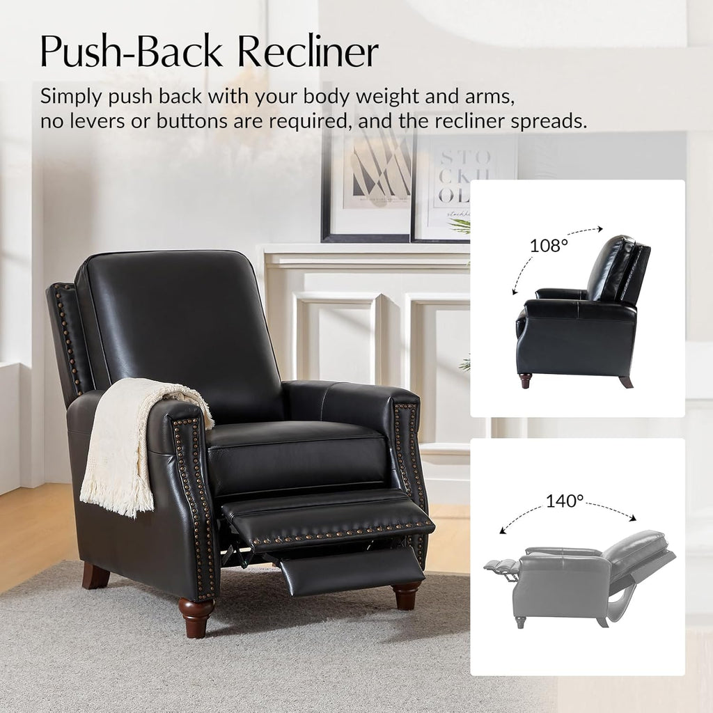 HULALA HOME Genuine Leather Manual Recliners Set of 2 with Wood Legs, Black | Mid Century Modern Push Back Recliner with Nailhead Trim, Adjustable Backrest & Footrest, for Living Room Home Theater