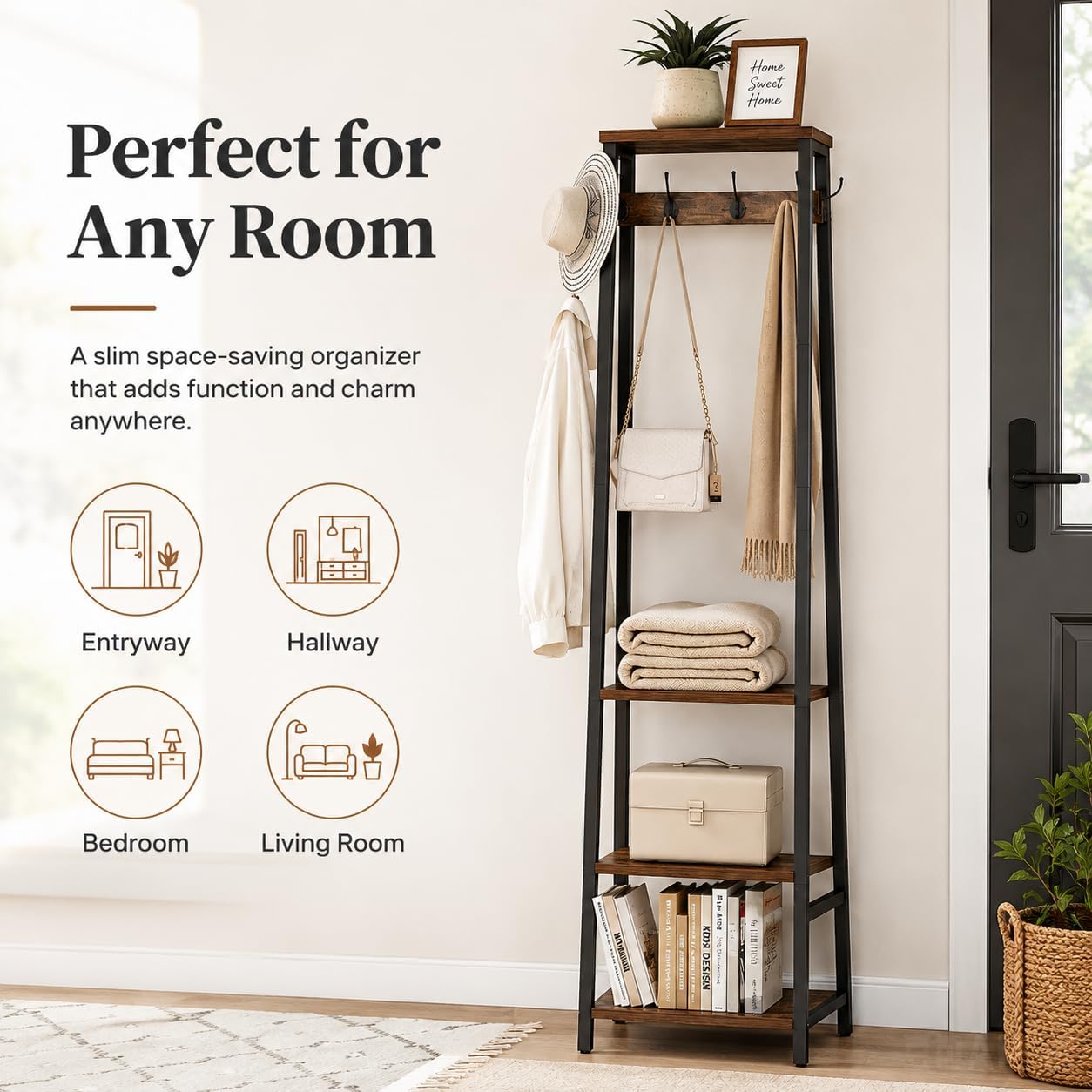Coat Rack Freestanding, Coat Stand with 3 Shelves and 7 Hooks, Hall Tree Free Standing, Clothes Rack Stand Organizer, Industrial Style, Rustic Brown and Black