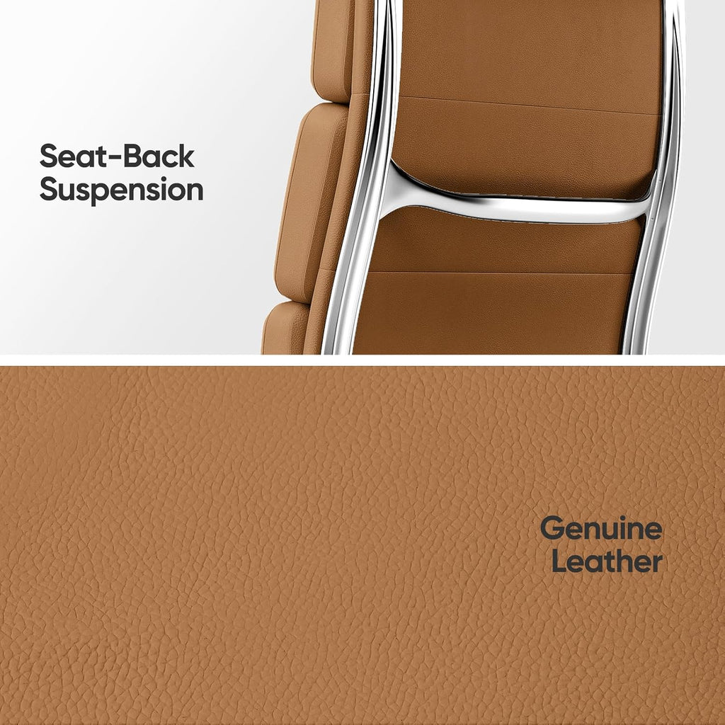Genuine Leather Office Chair, Padded Executive Desk Chair with Arms, Wheels, Lumbar Support, Aluminum Base (Light Brown, High-Back)