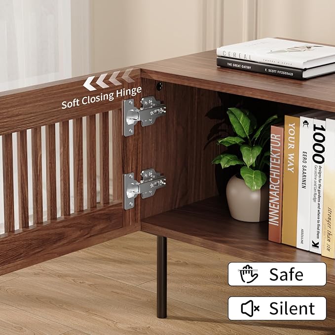 HOMMPA 70 Inch TV Stand for TVs Up to 80'', Mid Century TV Stand with Slatted Door Design, Modern Media Console with Storage Cabinet & Drawer, Entertainment Center for Livingroom, Walnut