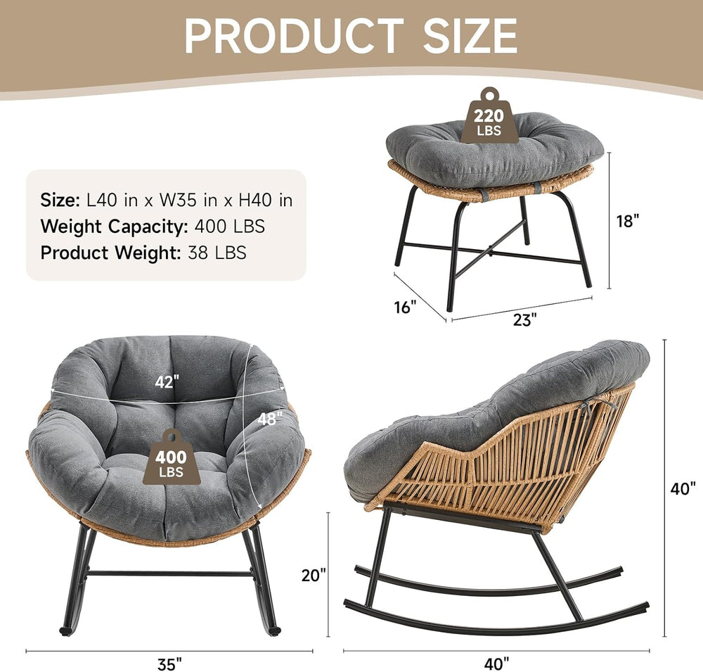 ONBRILL Papasan Rocking Chair with Ottoman,Oversized Papasan Chair with Padde...