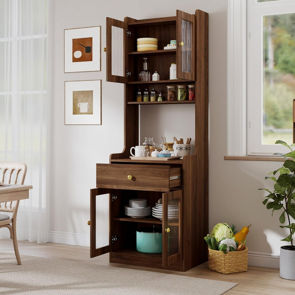 KEIKI 70.87" Tall Kitchen Pantry Storage Cabinet with Countertop, Glass ...