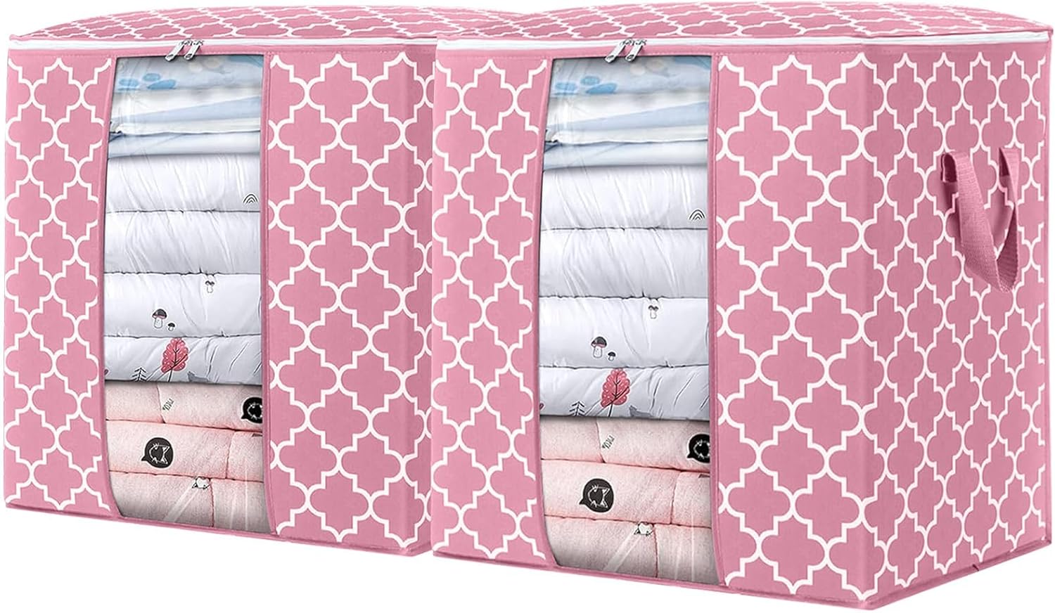WISELIFE Storage Bags 2 Pack/100L Large Blanket Clothes Organization and Storage Containers for Comforters,Bedding, Foldable Organizer with Reinforced Handle, Clear Window, Sturdy Zippers,Pink