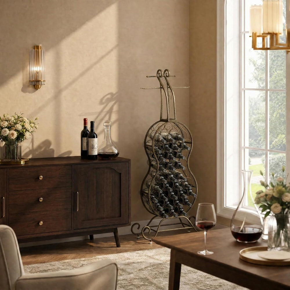 Cello Shaped Wine Rack Floor Standing, 32-Bottle Freestanding Metal Wine Towe...