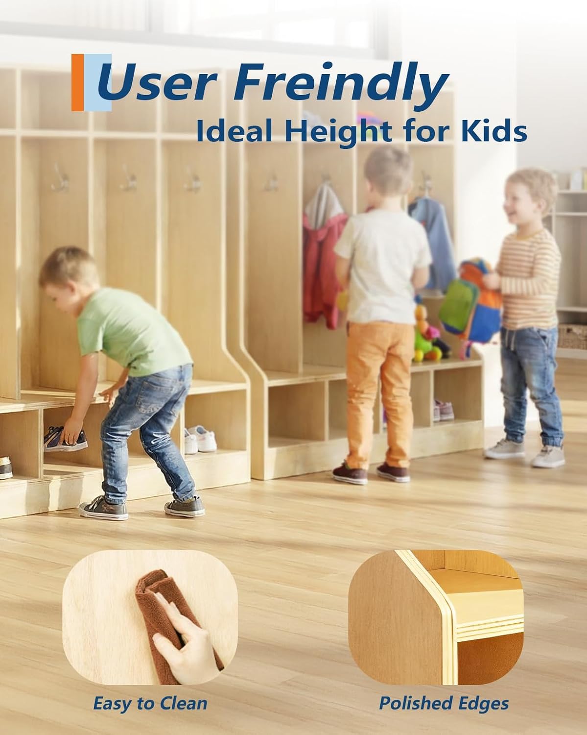 Kids Coat Locker with Bench – 10 Cubbies, 10 Hooks, Storage Organizer – Smooth Wood Finish, Hidden Casters – Ideal for Nursery, Home, Study Room – Large Size Natural Wood Color