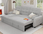 86" Sleeper Sofa Bed, Pull Out Couch Bed with Reversible Storage Chaise, Sectional Couches for Living Room with Side Pocket | Charging Station | Removable Backrest | Prime Linen, Light FGrey