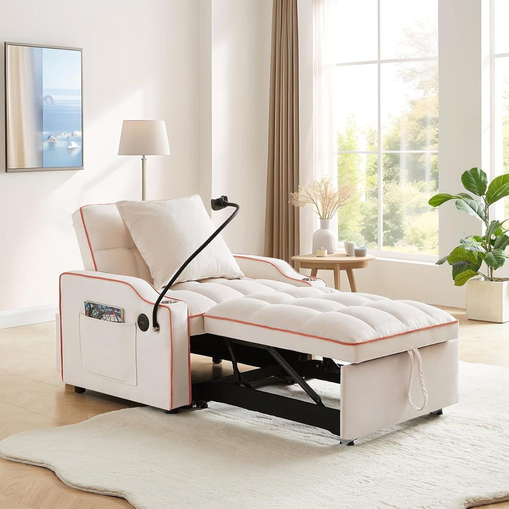 Convertible Single Sleeper Velvet Futon Sleeper Sofa Bed with Phone Holder &a...