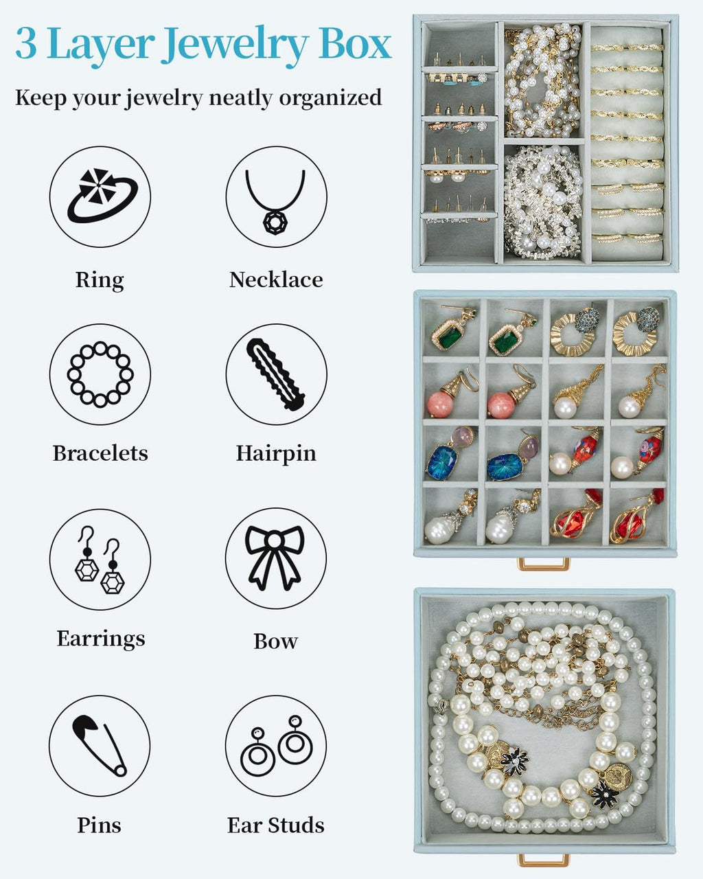 TORIBIO Jewelry Box for Women, Leather Jewelry Organizer with Mirror & Lock, 3-Tier Jewelry Storage Organizer with 2 Drawers for Girls/Women/Mothers, Necklace Earring Bracelets Holder Organizer