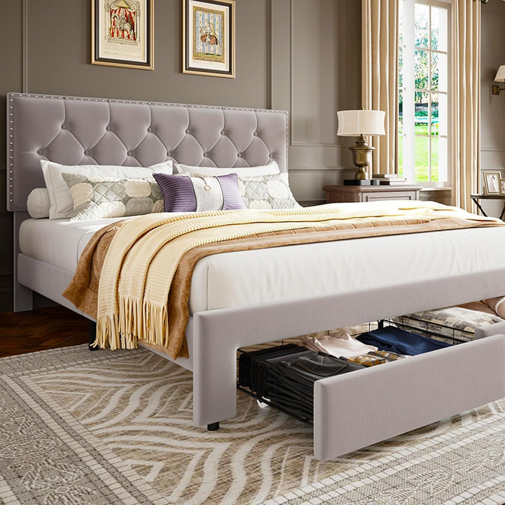 GarveeLife King Size Velvet Upholstered Bed Frame, 2 Storage Drawers with Smo...