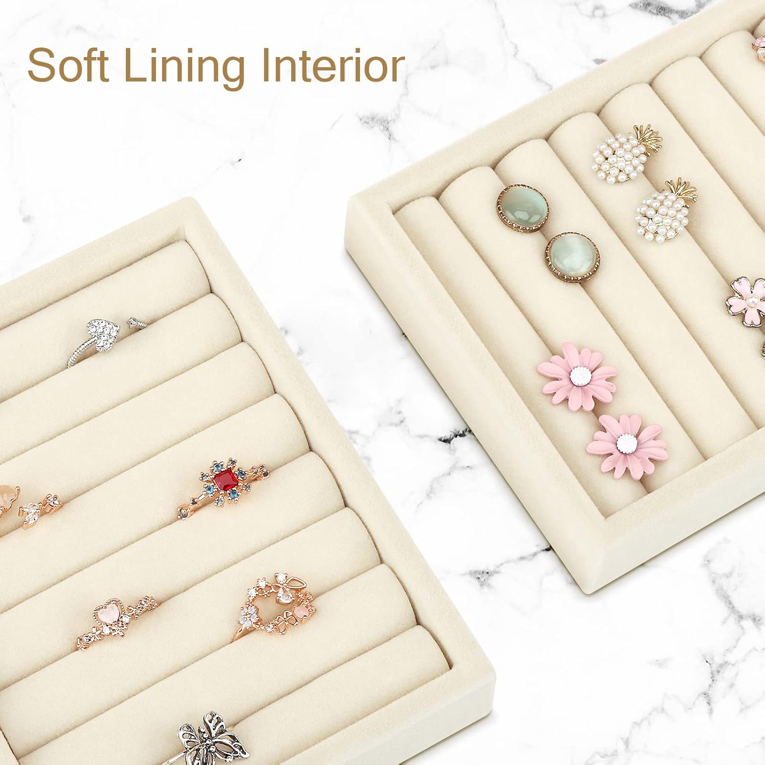 DesignSter Small Jewelry Tray-Ring Organizer 2PCS Premium Velvet Rings Earrings Display Tray Storage Insert Holder for Jewelry Box, Drawer, Dresser (8 Slots, Beige)