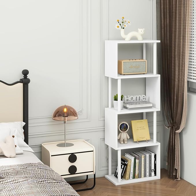 IBUYKE 5-Tier Tall Bookshelf,S-Shaped Geometric Bookcase, Wood Display Shelve...