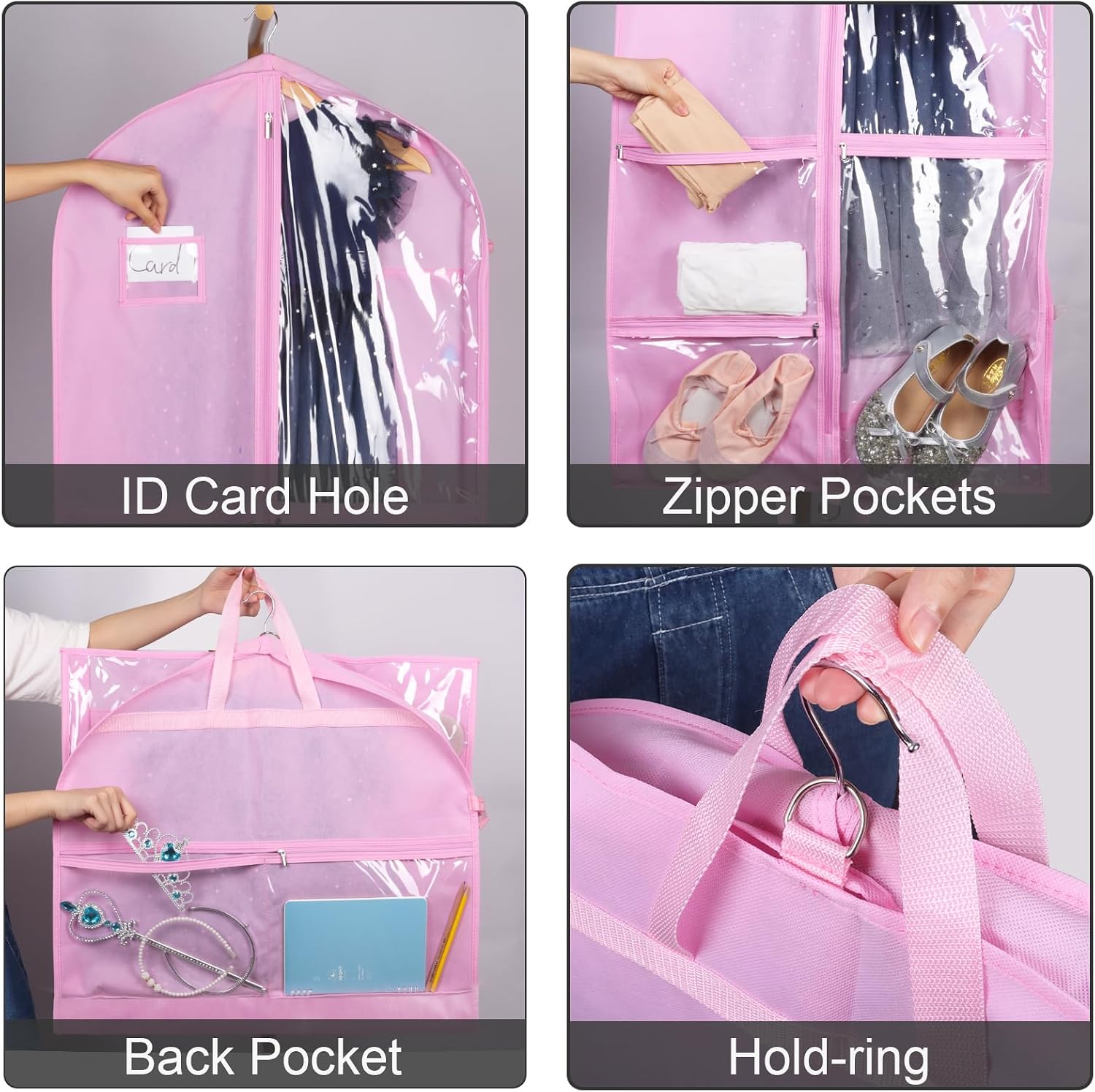Zilink Clear Dance Costume Garment Bag Dance Bags for Teenagers 50 in, Pink | 5 Clear Zipper, Pockets, Buckles, Carry Handles, for Teen Girls Dancers for Dance Competition Theatre Cheer Closet Storage
