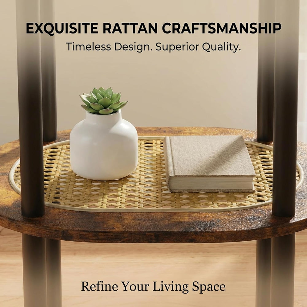 Small Rattan Side Table with Storage, 3 Tier Round/Oval End Table with Rattan...