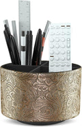 lizimandu Round Leather Art Supply Organizer,Remote Control Holder,360 Degree Spinning,Multi-Functional Pencil Holder,4 Compartments Desktop Stationary Organizer(1-Gold)