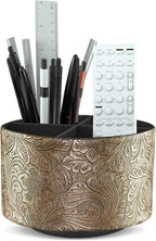 lizimandu Round Leather Art Supply Organizer,Remote Control Holder,360 Degree Spinning,Multi-Functional Pencil Holder,4 Compartments Desktop Stationary Organizer(1-Gold)