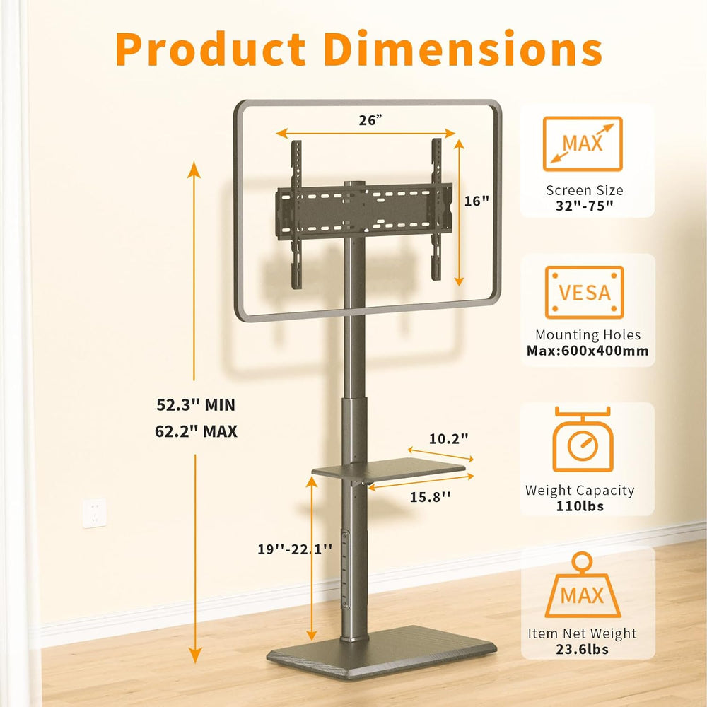TV Floor Stand with Power Outlet & Removable Shelf for 32-75 Inch TVs | 1...