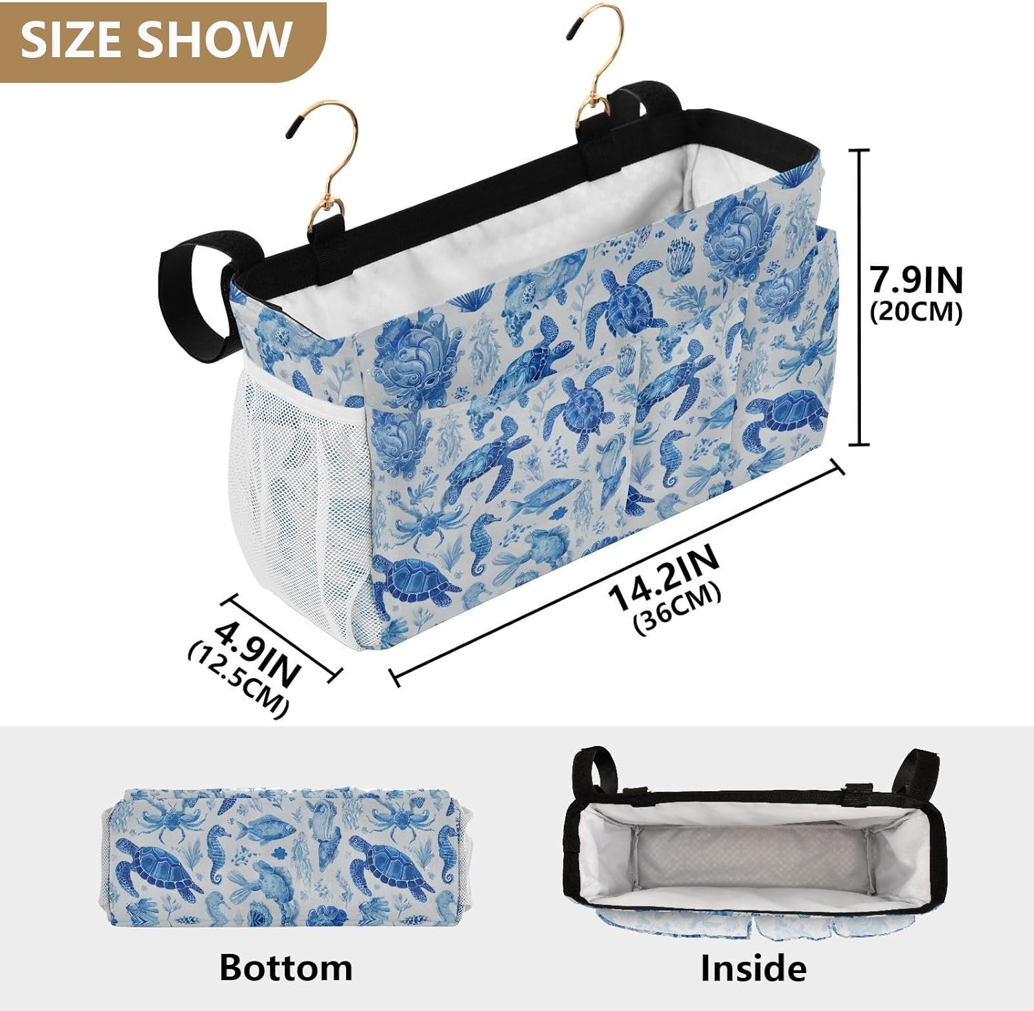Ink Blue Turtles Fish Crabs Bedside Caddy for Dorm Bed Bedside Hanging Caddy Bag Iron Frame Storage Organizer Pocket for Bunk Home College Hospital Beds 2 Hooks