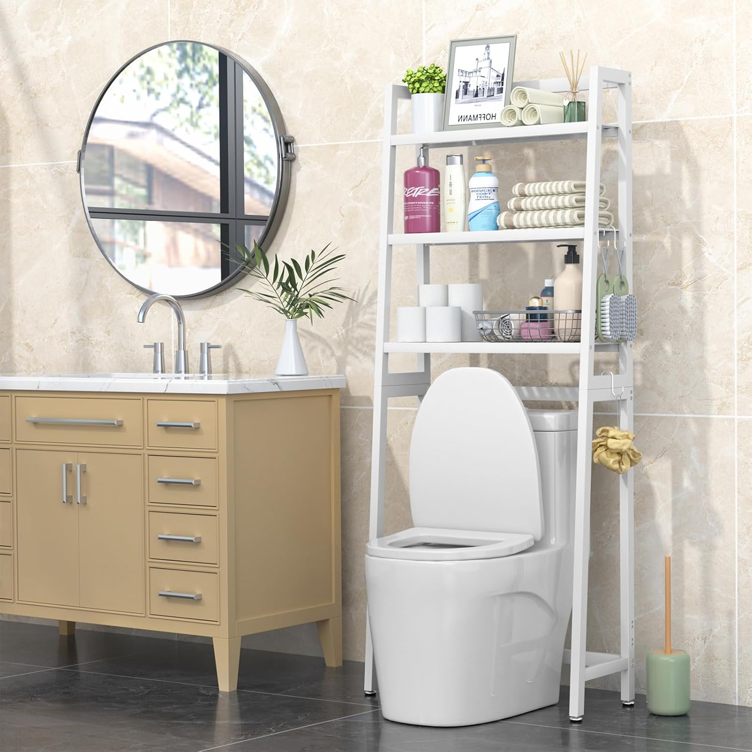 VASMIA Over The Toilet Storage,Bamboo 3-Tier Bathroom Organizer Over Toilet Storage Cabinet,Freestanding Space Saver with 3 Hooks White