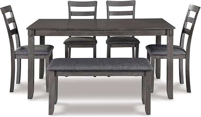 Signature Design by Ashley Bridson Dining Table Set For 6 With Bench, Wood 6‑Piece Kitchen Table And Chairs Set With Upholstered Seats, Transitional Charcoal Gray Dining Room Set For Family Meals