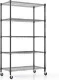 Himimi 5-Tier Heavy Duty Steel Wire Rack Storage Shelving, Adjustable Metal Storage Shelves with Wheels, 82''H Wire Shelf for Kitchen Garage Basement Pantry Organization, 18" D×36" W×82" H-Black