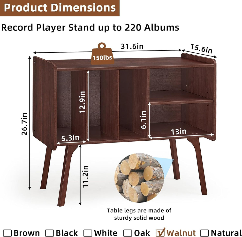 Lerliuo Record Player Stand with 4 Cabinet Holds Up to 220 Albums,Walnut | La...