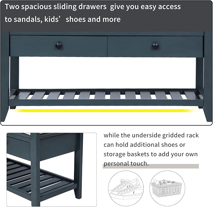 39″ Storage Bench with Cushioned Seat and Drawers,Multipurpose Wooden Entryway Ottoman,Hidden Compartment Organizing Shoe Rack,for Bedroom Hallway Porch,Antique Navy