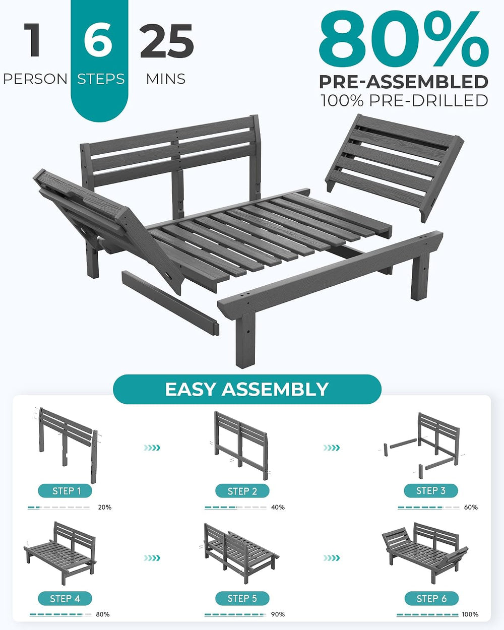 SERWALL HDPE 4-in-1 Convertible Outdoor Sofa with Adjustable Armrests, Couch ...