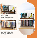2-Tier CD Holder, CD Storage Rack for Display, CD Organizer with Rubber Feet, Stores Up to 60 CDs for Shelf Storage and Organization, for Music Enthusiasts and Collector Walnut