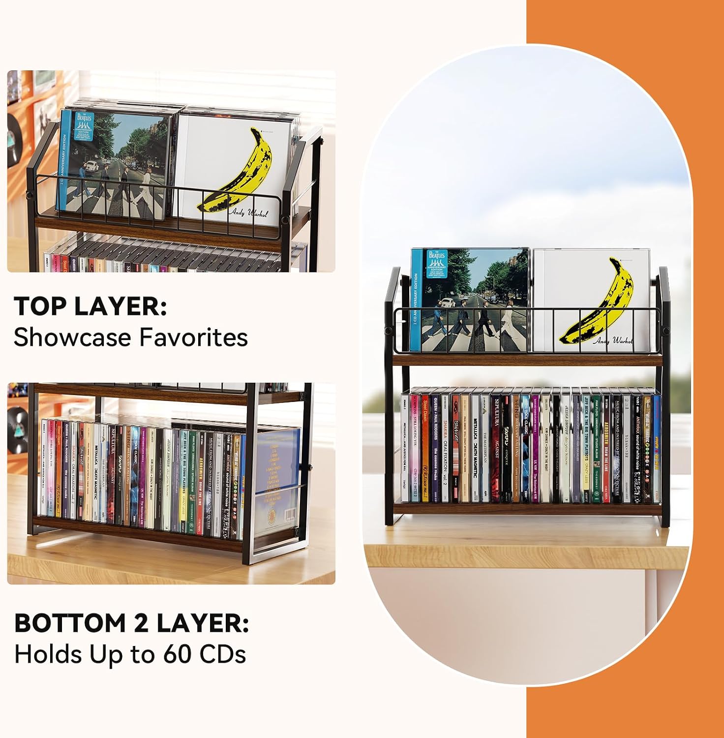 2-Tier CD Holder, CD Storage Rack for Display, CD Organizer with Rubber Feet, Stores Up to 60 CDs for Shelf Storage and Organization, for Music Enthusiasts and Collector Walnut