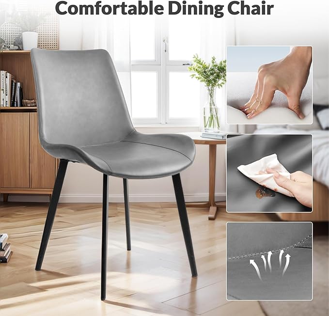 Dining Chairs, Modern PU Leather Dining Room Chair with Sturdy Metal Legs, Upholstered Seat Dinner Chairs Accent Side Chairs for Indoor Kitchen Living Room (Grey, Set of 8)
