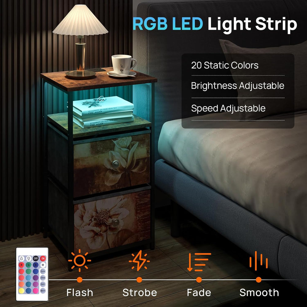 ALBAD Nightstand with Charging Station and LED Lights, Brown Flower Drawers |...
