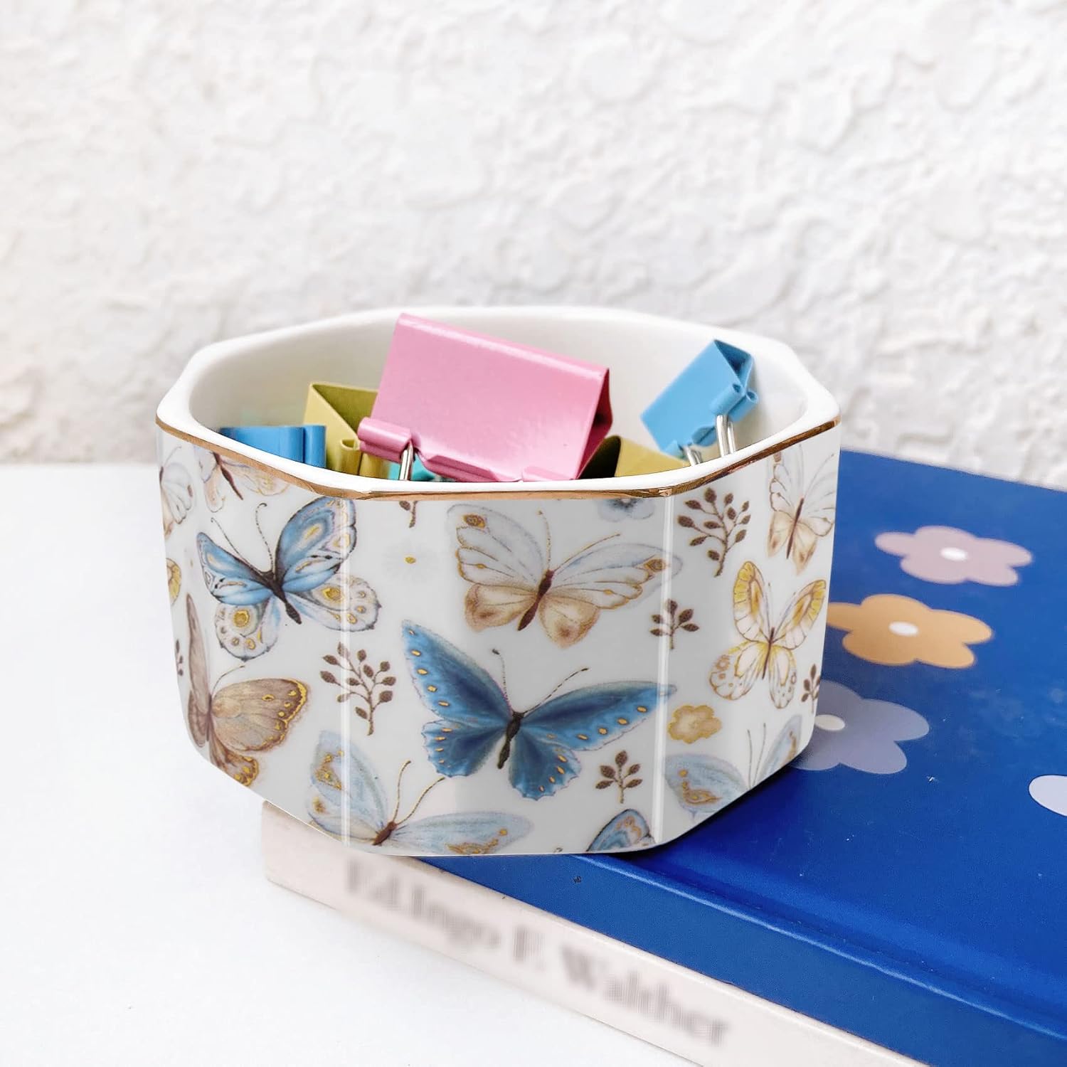 Ceramic Paper Clip Holder Gold Line Paper Clip Dispenser Organizer for Desk Cute Floral Butterfly Pattern Office Binder Clip Holder Bobby Pin and Hair Clip Holder Gift for Office Butterfly