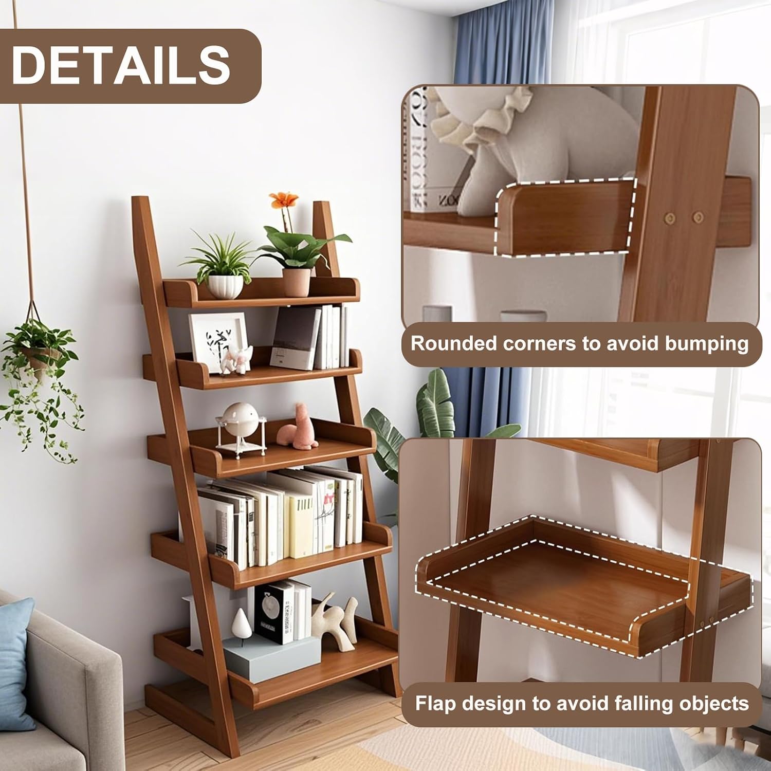 5-Tier Ladder Shelf Bookcase, Walnut Wooden Leaning Bookshelf | H 55.1" Ladder Bookshelf Space-Saving, Freestanding Storage Rack, Plant Ladder indoor for Living Room, Home Office, Bedroom