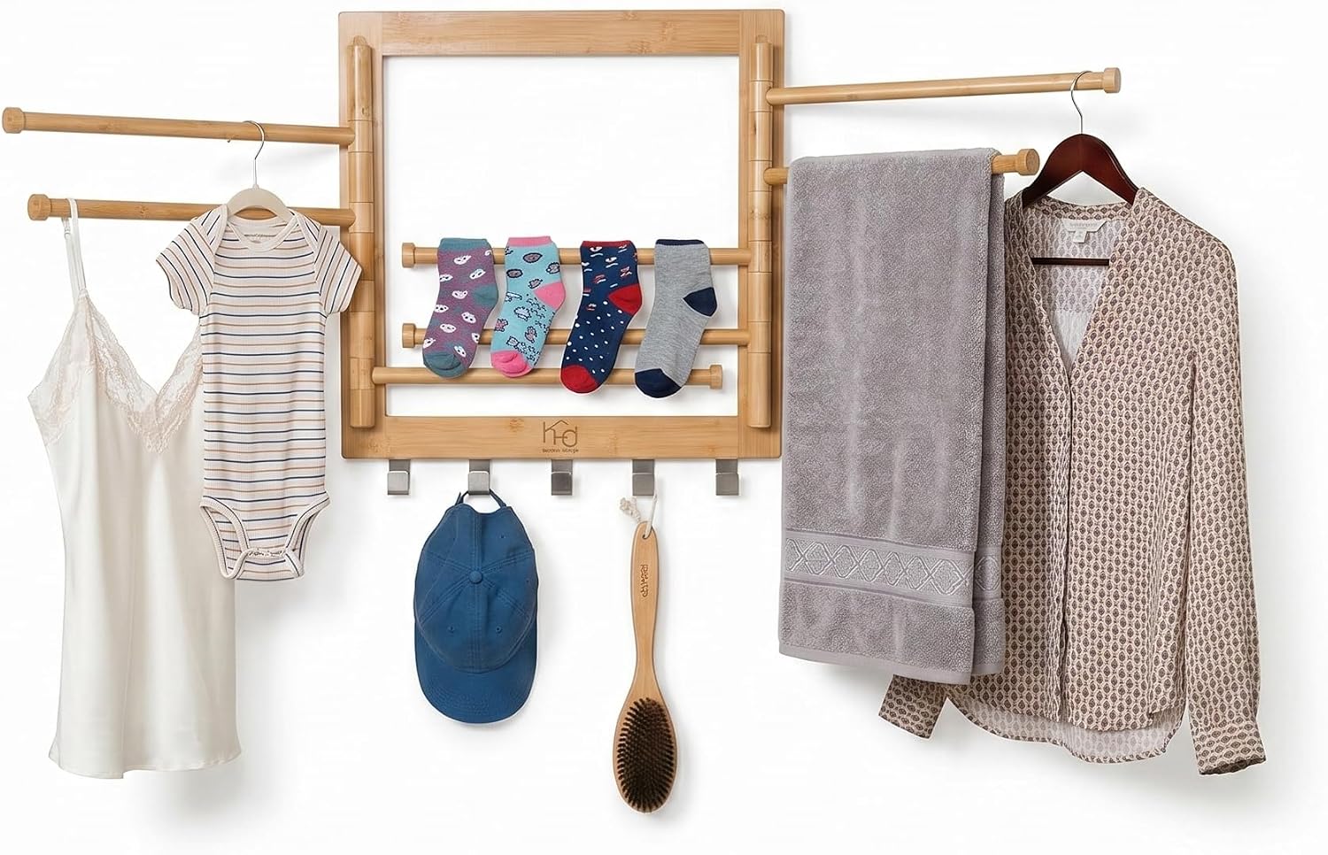 Honey-Can-Do Bamboo Wall-Mount Swivel-Arm Drying Rack, 80 lb, Natural | Wall-mount bamboo rack with 8 swivel arms holds 80 lb; folds to 1.7 in deep. Ships assembled with 5 steel hooks.