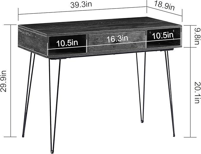 VECELO 39.3" Home Office Work Table with Drawers,Computer Desk with Hairpin Leg for Writing/Study,Charcoal Grey