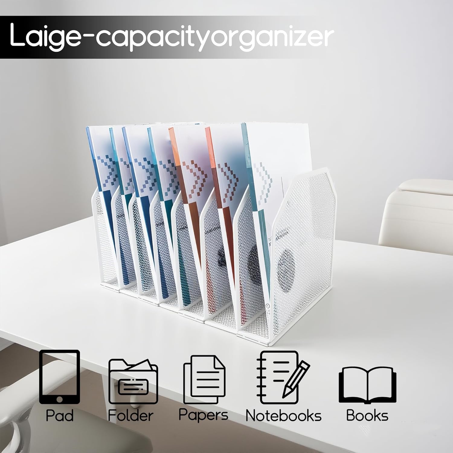 Adjustable Desk File Organizer,Detachable Office Folder Organizer,Compact Vertical Desk File Holder,Wrought Iron Paint,Suitable for Home, School, Office Classrooms (White - 7 grids)