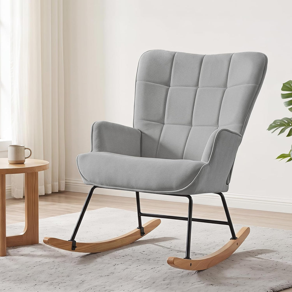 Furniliving Nursery Rocking Chair Modern Armchair Upholstered Glider Rocking Chair Nursery Chair Reading Chair with High Backrest Solid Wood Base for Bedroom, Living Room, Grey, Waterproof Velvet